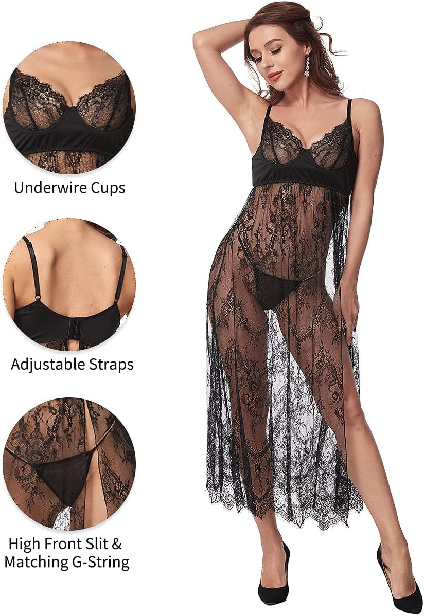 Women Sexy Lingerie Lace High Slit Maxi Long Gown Sheer Dress with Underwire S-4XL