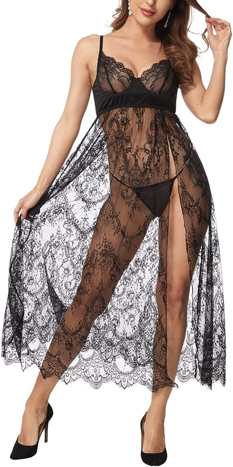 Women Sexy Lingerie Lace High Slit Maxi Long Gown Sheer Dress with Underwire S-4XL